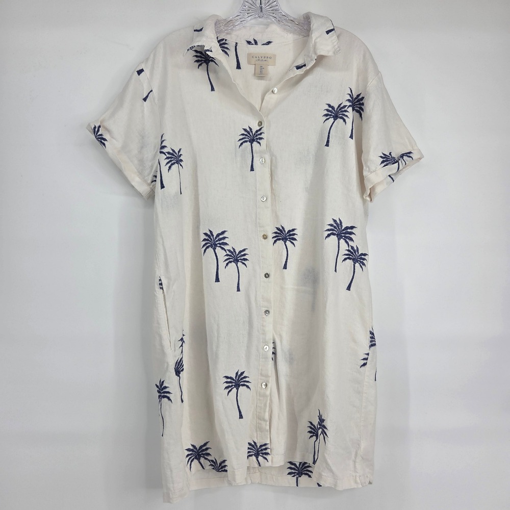 Calypso St. Barth Shirt Dress L White Linen Blend Embroidered Palm Tree Coastal